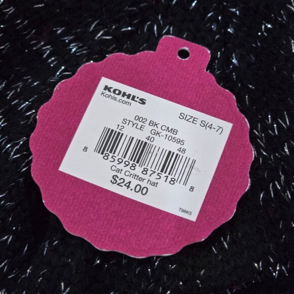 SO ✦ Girls Black Cat Knit Hat ✦ Pink Lining Pom Poms Glitter Face Size 4-7 NWT - Picture 5 of 7
